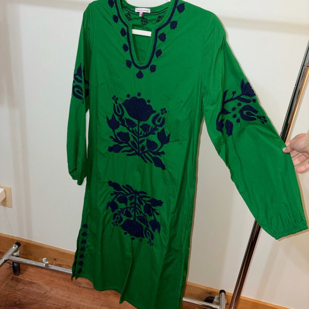 Frances Valenin green Midi Printed navy embroidery dress'